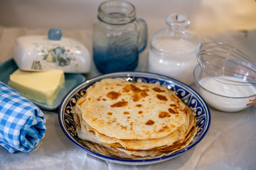 Pancakes on a blue plate, served for Breakfast