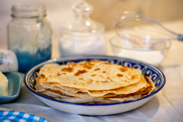 Pancakes on a blue plate, served for Breakfast