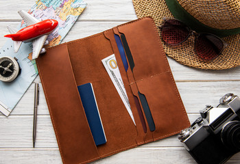 Brown leather travel organizer