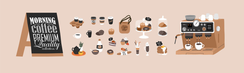 Coffee shop hand drawn collection . Cartoon constructor set. Small business, logo lettering and quote, coffee pots, dessert sweets, coffee machine and stand. Vector - obrazy, fototapety, plakaty