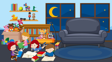Scene with many kids reading in the room