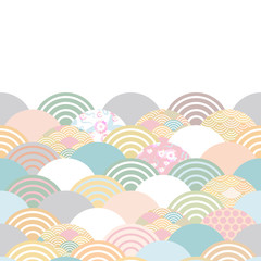 spring and summer wave blue grey white green pink brown colors card banner design for text abstract scales simple Nature background with japanese circle pattern space for text. Vector