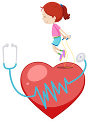 Happy girl jumprope on the big red heart