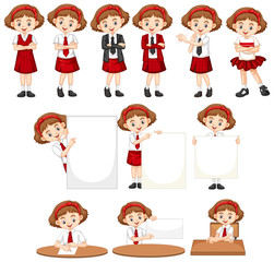 Set of girl in school uniform doing different things