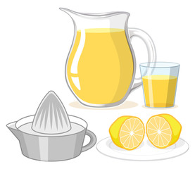 Lemon juice in glass and jar on white background