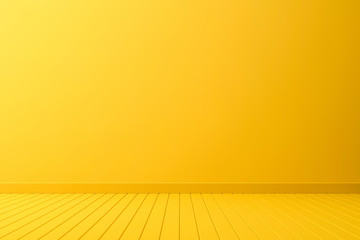 Empty room interior design or yellow pedestal display on vivid background with perspective plank. Blank stand for showing product. 3D rendering.