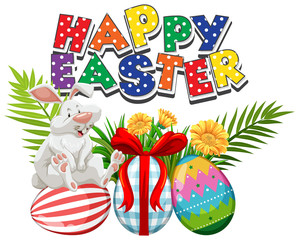 Poster design for easter with white bunny and decorated eggs