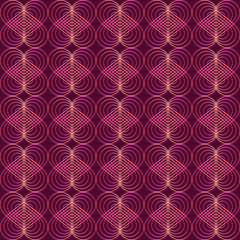 Seamless modern pattern. In vintage art deco style. Trend 2020. Isolated gradient lines of heart elements on burgundy background. Square. For backgrounds, fills, packaging, wallpaper design and more.