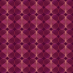 Seamless modern pattern. In vintage art deco style. Trend 2020. Isolated gradient lines of heart elements on burgundy background. Square. For backgrounds, fills, packaging, wallpaper design and more.