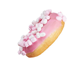 pink glazed round donut with marshmallow sprinkles on white. Side view