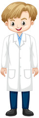 Cute boy in lab gown on white background