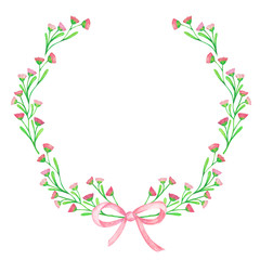 Fototapeta na wymiar Watercolor wreath flower with ribbon