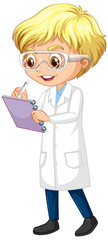 Fototapeta premium Boy in science uniform writing on white background