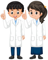 Boy and girl in science gown standing on white background