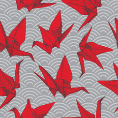 Origami red paper cranes sketch seamless pattern. burgundy maroon line on Gray Nature oriental background with japanese wave circle. Can be used for Gift wrap, fabrics, wallpapers. Vector