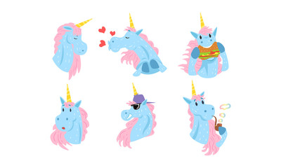 Cute Unicorns Cartoon Characters Collection, Funny Mythical Animals in Different Situations Vector Illustration