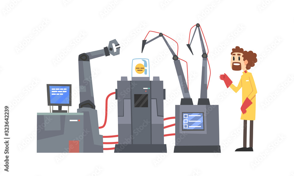 Aufkleber male scientists character working with robotic machines, artificial intelligence technology vector i