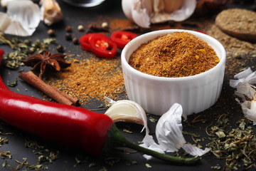 Chili peppers and other spices top view	