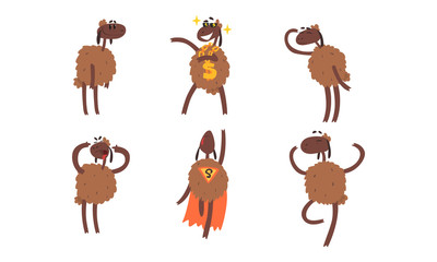 Fototapeta premium Funny Brown Sheep Collection, Humanised Farm Animal Cartoon Character in Various Poses and Situations Vector Illustration