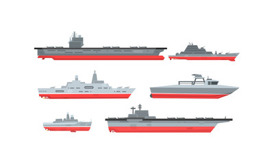 Naval Combat Ships Collection, Military Boat, Frigate, Battleship Vector Illustration © topvectors