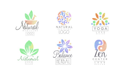 Natural Medicine Logo Design Collection, Zen Center, Yoga, Balance, Herbal Watercolor Badges Vector Illustration