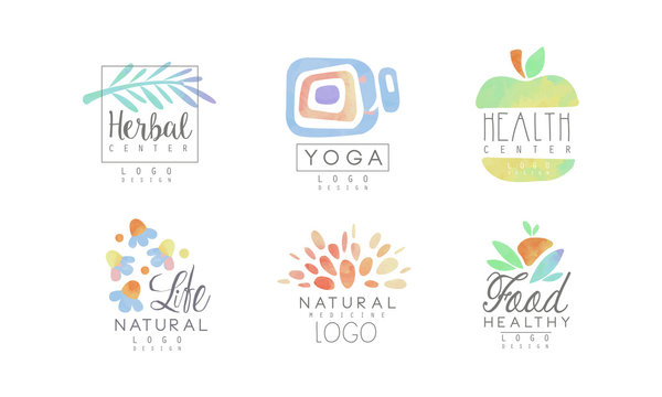 Herbal Center Logo Design Collection, Healthy Food, Natural Life Watercolor Badges Vector Illustration