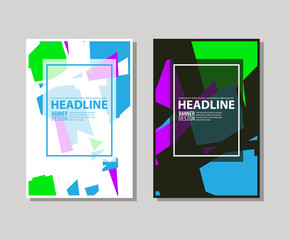 Set of trendy flat geometric brochure. Vivid transparent banners in retro poster design style.