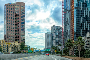 Morning in downtown Los Angeles, California. Empty streets and tall office buildings