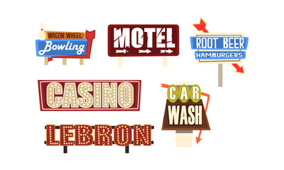 Retro Signs and Pointers Collection, Vintage Billboards, Signboards, Light Banners Vector Illustration