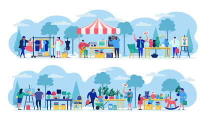 Flea market with people selling old secondhand stuffs at market fair shops flat vector illustration. Streets of flea marketplace with vintage retro cloths, toys and antique, garage sale.