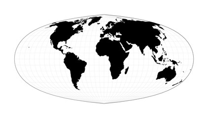 Black world map on white background. Foucaut's sinusoidal projection. Plan world geographical map with graticlue lines. Vector illustration.