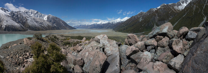 Mount Cook Tasman River New Zealand panorama rocks mountains. Glacier. Rocks. 