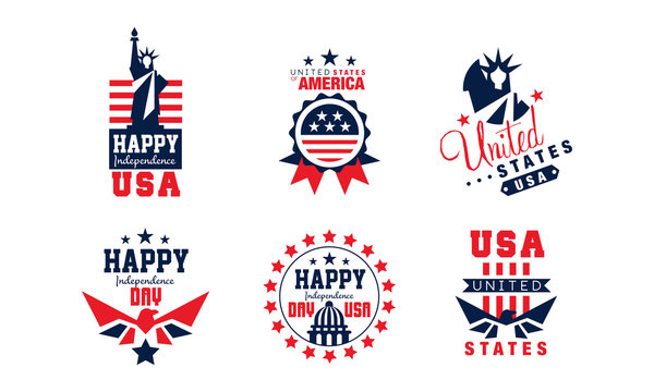 Happy Independence Day Bright Badges Collection, United States of America Logo Design Vector Illustration