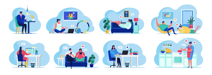 People with gadgets, men and women with cell phone, tablets and laptops vector illustration set. Man and woman with gadget mobile technology using internet, communicating, working, dating.