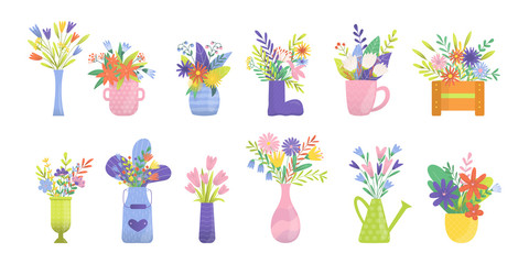 Bouquets of flowers, florist of tulips, orchids, lilies, roses or callas, hand bells in floral vases, bottles, wooden boxes and watering can vector illustration set. Garden and wild flowers bouquets.