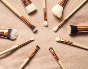 Makeup brush set in circle on pink background, flat lay, isolated on pink