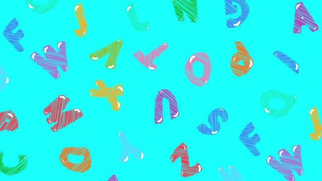 animation pattern bright color letters random flying. Colorful letter on white background for education design. Slow Motion video. Close up top view.