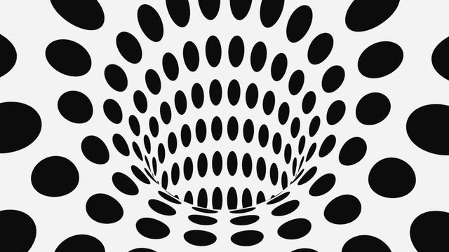 Black and white psychedelic optical illusion. Abstract hypnotic animated background. Polka dot geometric monochrome wallpaper