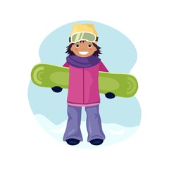 Obraz na płótnie Canvas Cute brunette smiling girl in hat and sunglasses holding snowboard. Young snowboarder, skier. Winter fashion. Ski resort. Vector illustration in cartoon style