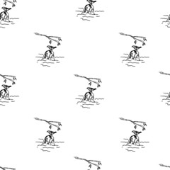 Bird on the stone. Line drawing, sketch. Seamless pattern. Vector illustration.