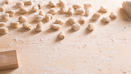Fototapeta na wymiar Close up of homemade vegan gnocchi pasta with wholemeal flour on the wooden chopping board with back light morning sunlight bokeh effect, traditional Italian pasta