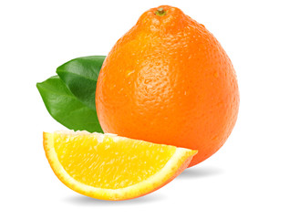 sliced orange with green leaf isolated on white background