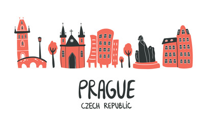 Prague vector skyline in doodle style with silhouette of Charles Bridge, cathedral church, monument and house. Illustration for touristic promotion, concept, posters, t-shirt, blog on white background