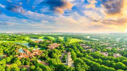 Aerial view of a beautiful green golf course in Shanghai.