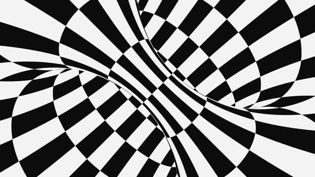 Black and white psychedelic optical illusion. Abstract hypnotic animated background. Checkered geometric looping wallpaper