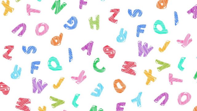 animation pattern bright color letters random flying. Colorful letter on white background for education design. Slow Motion video. Close up top view.