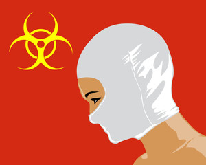Young woman in medical medical masks. Isolated silhouettes of people on red background