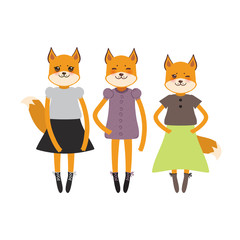 funny Kawaii fox girl in dress with pink cheeks, cartoon pet pink orange black isolated on white background. Can be used for greeting card design for your text, fashion print for baby clothes. Vector