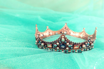 Vintage tulle mint chiffon dress and tiara. Wedding concept.