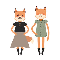 funny Kawaii fox girl in dress with pink cheeks, cartoon pet pink orange black isolated on white background. Can be used for greeting card design for your text, fashion print for baby clothes. Vector